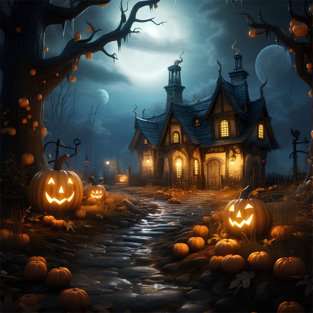 Halloween Wald Spukhaus Kürbisse Hintergrund RR7-383