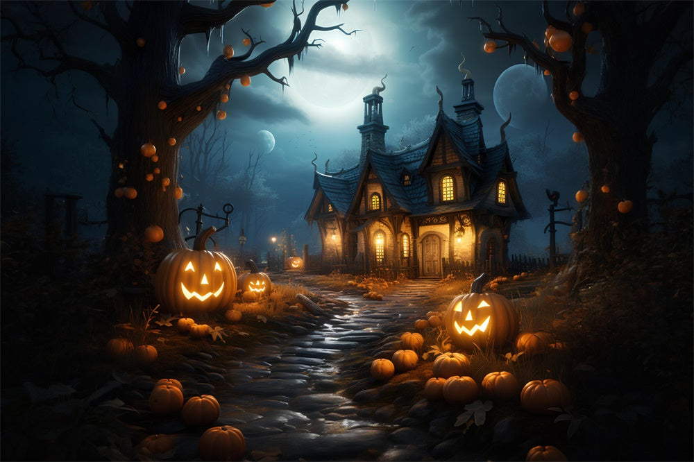 Halloween Wald Spukhaus Kürbisse Hintergrund RR7-383