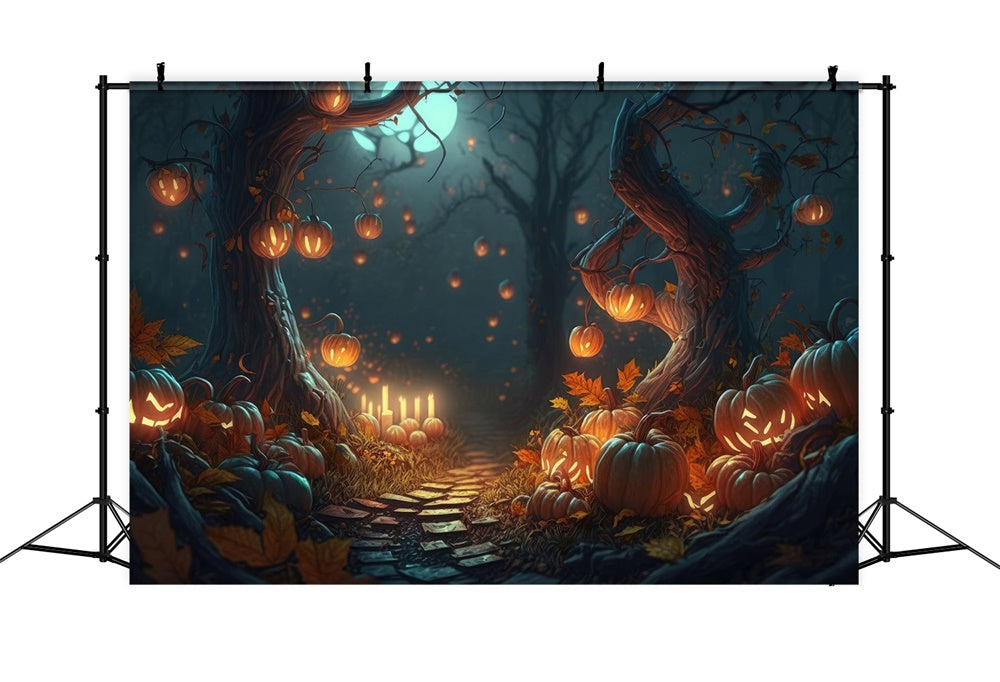 Halloween Wald Nacht Kürbisse Kerzen Hintergrund RR7-387