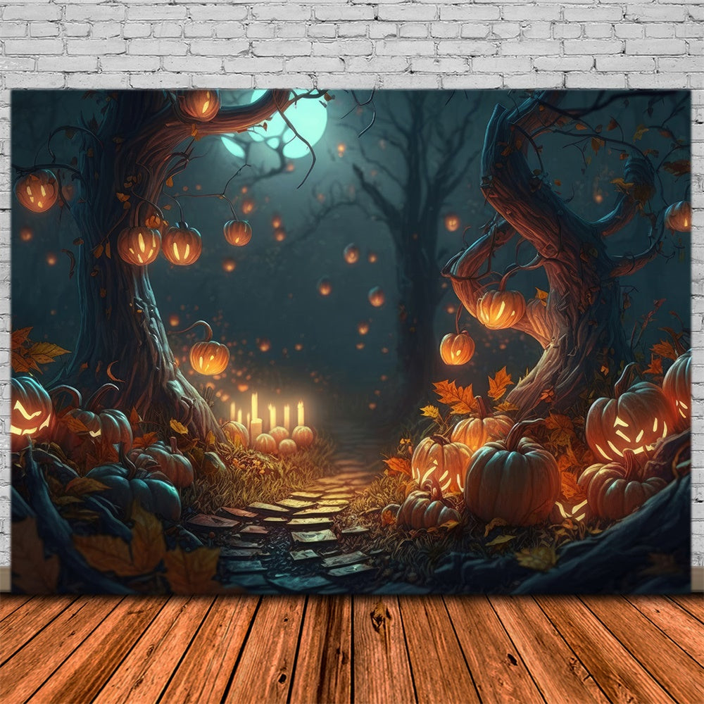 Halloween Wald Nacht Kürbisse Kerzen Hintergrund RR7-387