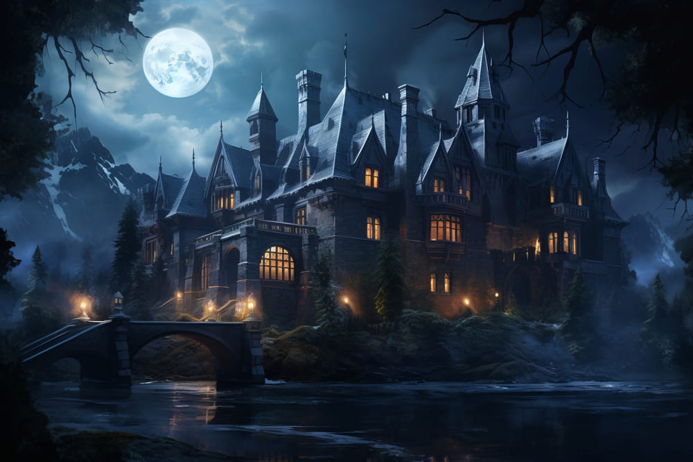 Halloween Spukschloss Mondlicht Fotohintergrund RR7-40