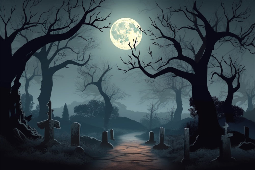 Halloween-Vollmondnacht-Friedhof-Hintergrund RR7-425