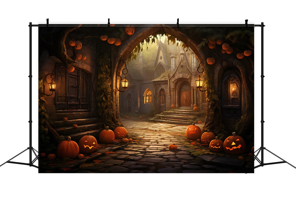 Halloween Häuser Steinbogen Kürbisse Backdrop RR7-427