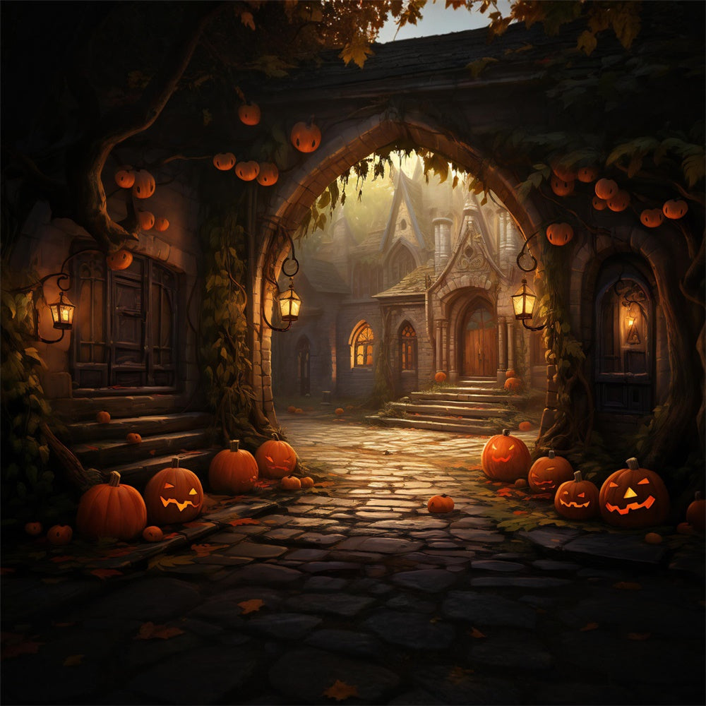 Halloween Häuser Steinbogen Kürbisse Backdrop RR7-427