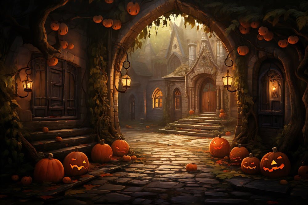 Halloween Häuser Steinbogen Kürbisse Backdrop RR7-427