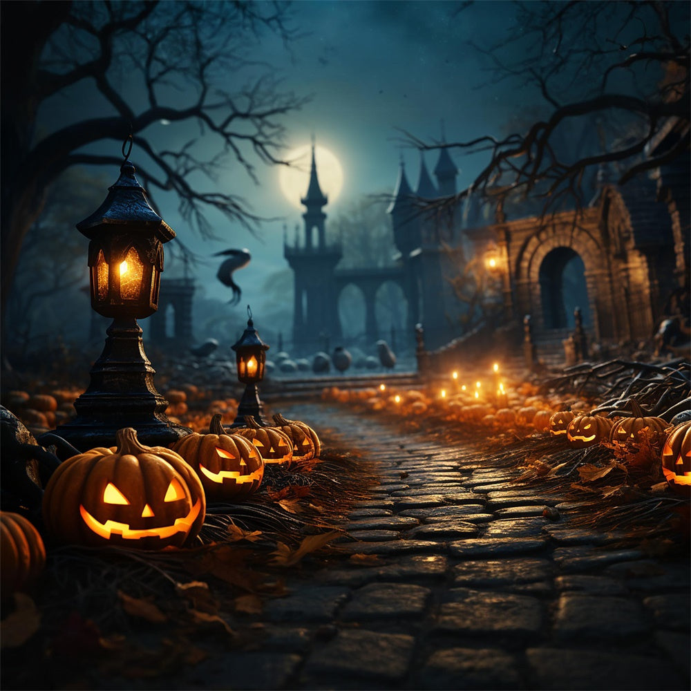 Halloween Gruseliger Friedhofsweg Kürbis Hintergrund RR7-437