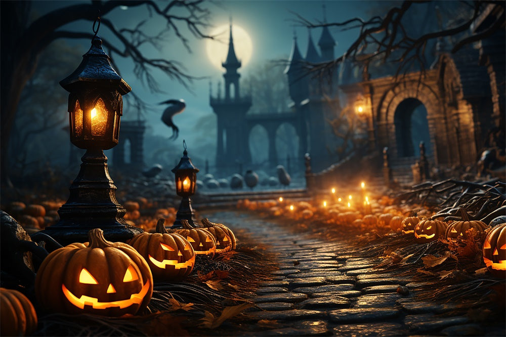 Halloween Gruseliger Friedhofsweg Kürbis Hintergrund RR7-437