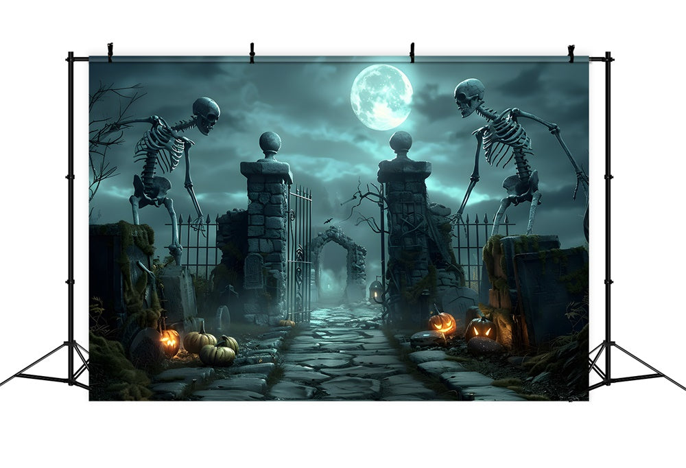 Halloween Gruseliges Skelett-Friedhofstor Hintergrund RR7-457