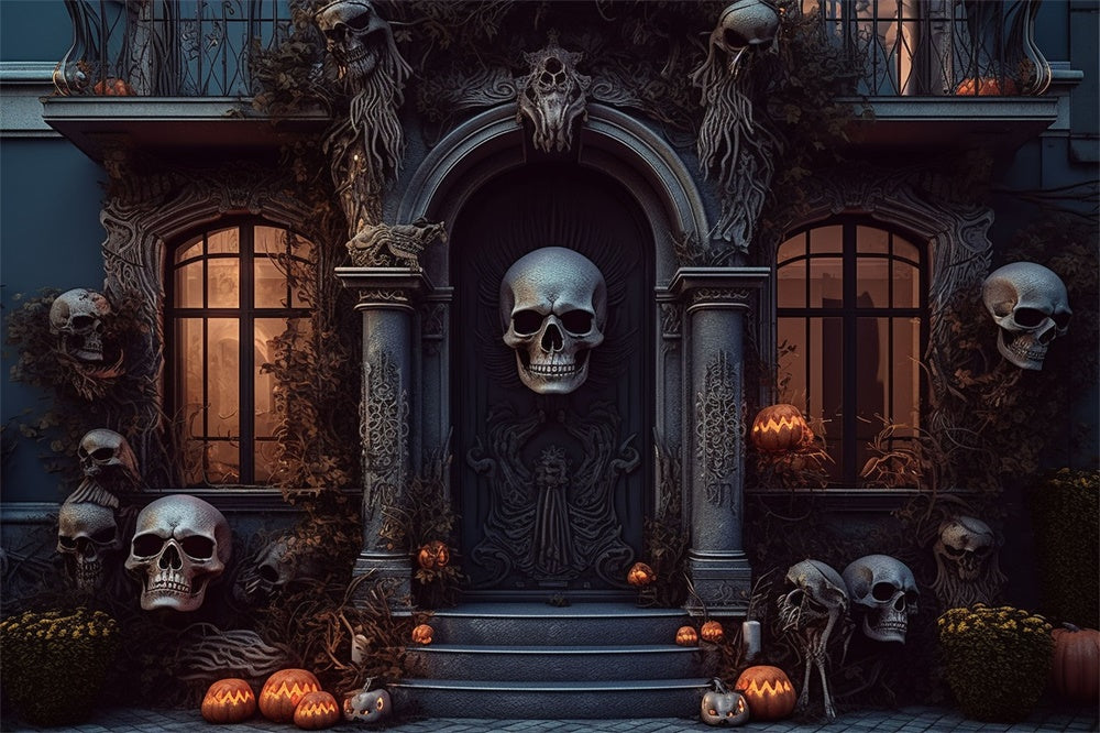 Gespenstische Haustür Totenkopf Halloween Hintergrund RR7-462