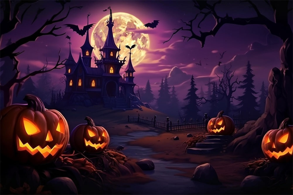 Halloween Lila Himmel Wald Schloss Hintergrund RR7-468