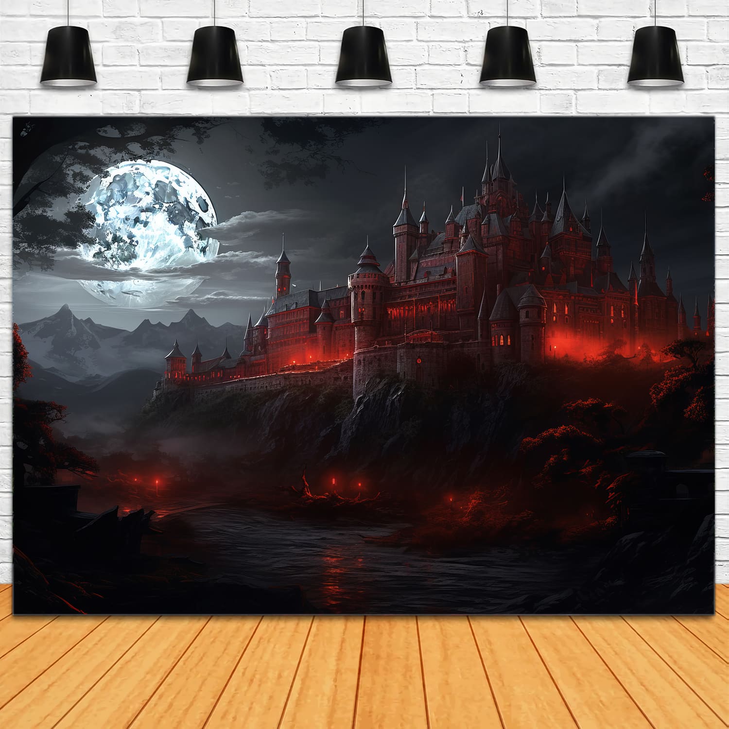 Gothic Dark Castle Halloween Mondschein Hintergrund RR7-49