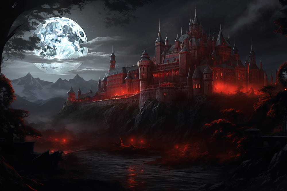 Gothic Dark Castle Halloween Mondschein Hintergrund RR7-49