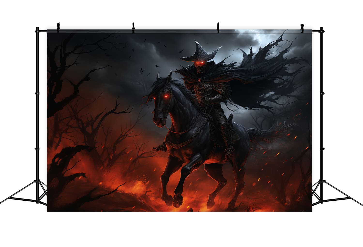 Ritter reitet Pferd auf Feuer Halloween Hintergrund RR7-54