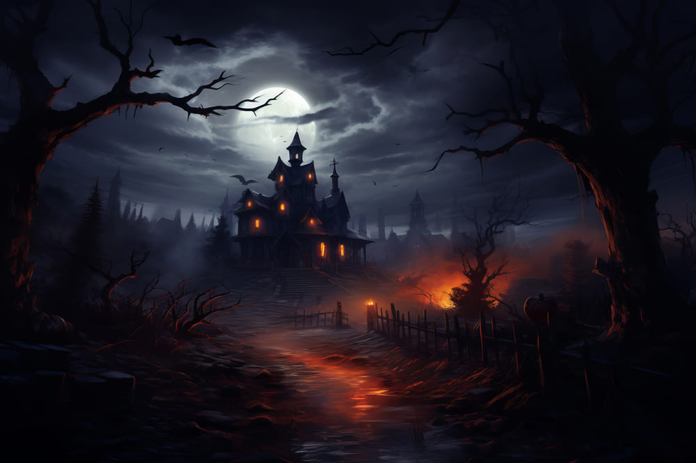 Nebeliges Spukhaus Halloween Fotohintergrund RR7-63