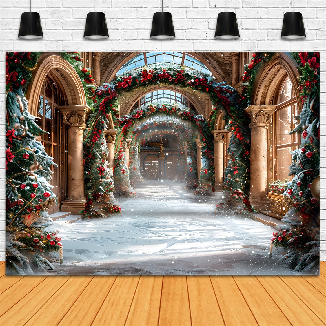 Weihnachten Eleganter Saal mit festlichen Girlanden Hintergrund RR7-634