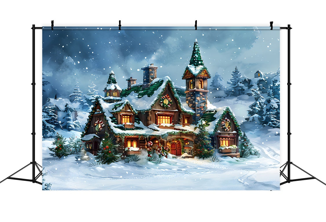Weihnachtsmärchenhäuschen Verschneiter Winterwald Hintergrund RR7-651