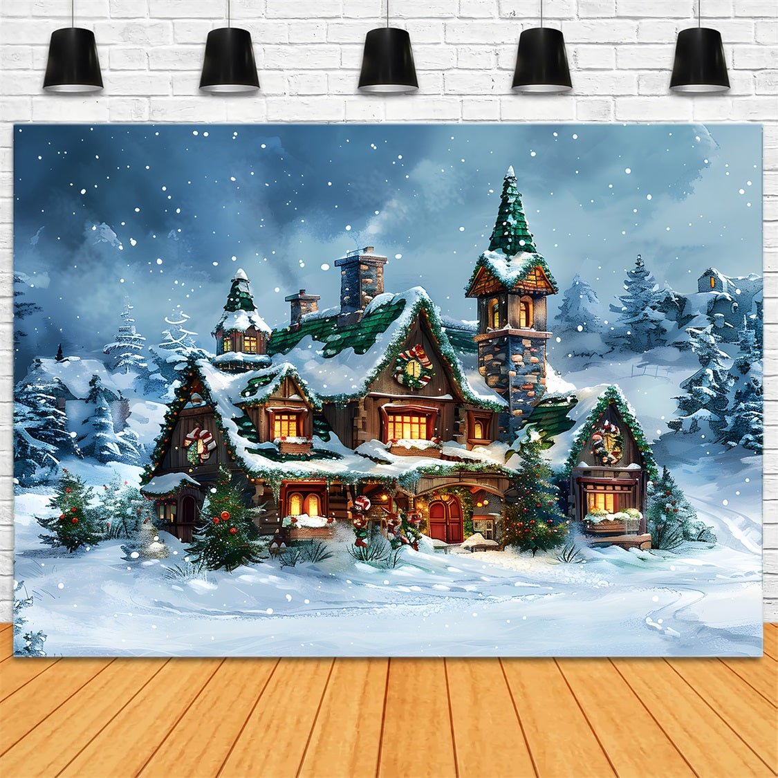 Weihnachtsmärchenhäuschen Verschneiter Winterwald Hintergrund RR7-651