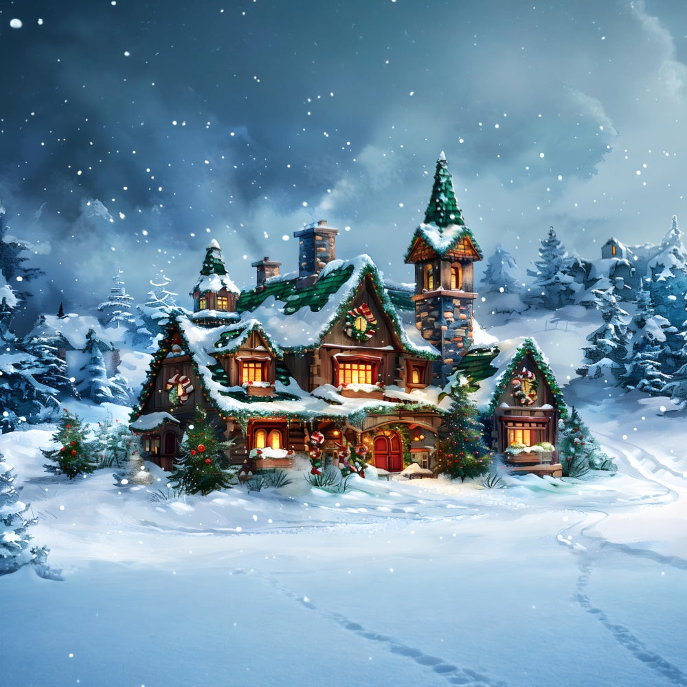 Weihnachtsmärchenhäuschen Verschneiter Winterwald Hintergrund RR7-651