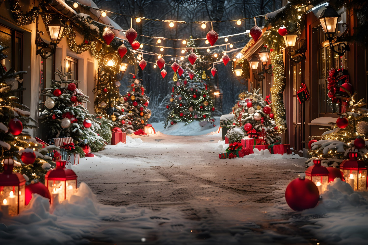 Weihnachtsdorf mit geschmückten Bäumen und Laternen Hintergrund RR7-683