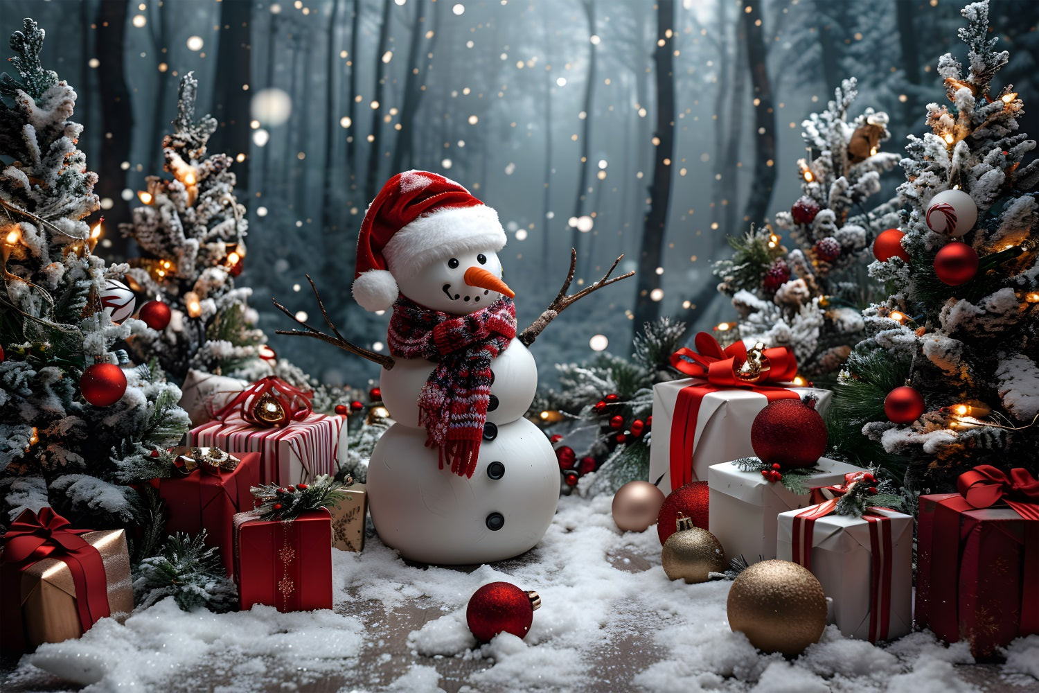 Weihnachtsschneemann mit Geschenken und Bäumen Hintergrund RR7-684