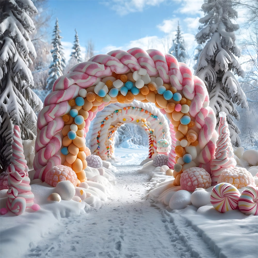Weihnachtlicher Torbogen mit schneebedeckter Dekoration Hintergrund RR7-702