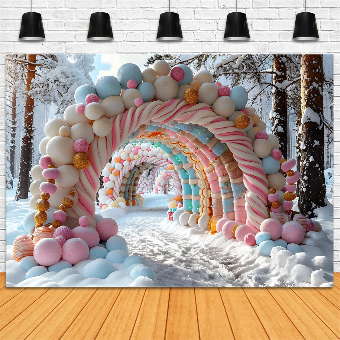 Weihnachtlicher Candyland Torbogen mit gefrorenen Leckereien Hintergrund RR7-703