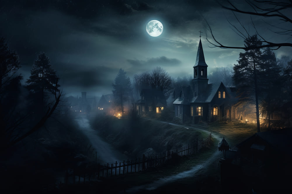 Gespenstischer Wald Geisterhaus Halloween Hintergrund RR7-71