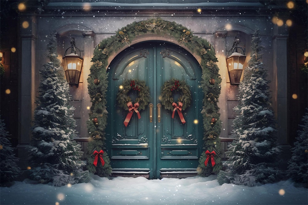 Kranz Tür Weihnachtsbaum Schnee Hintergrund RR7-751