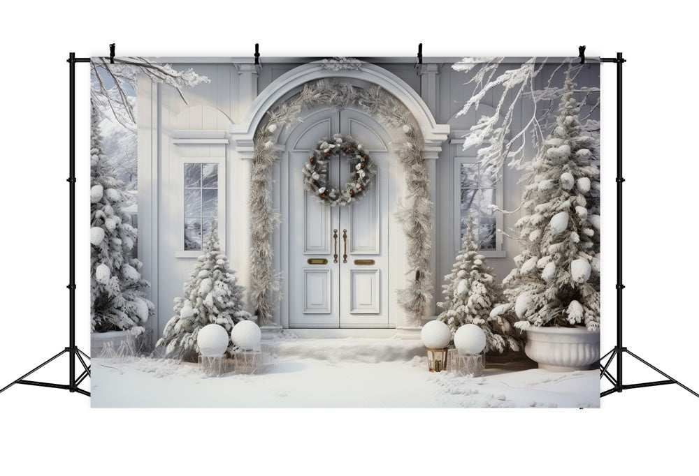 Schneebedeckte Bäume Weihnachtshaus Tür Hintergrund RR7-767