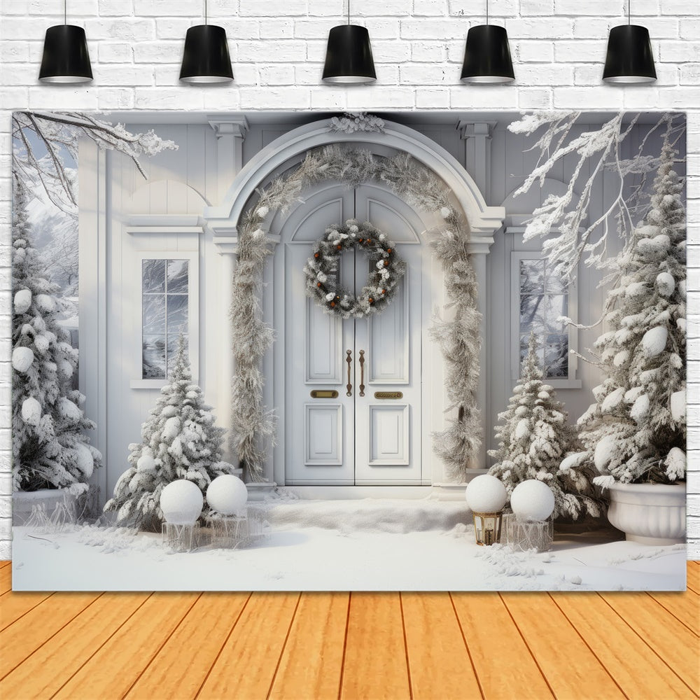 Schneebedeckte Bäume Weihnachtshaus Tür Hintergrund RR7-767