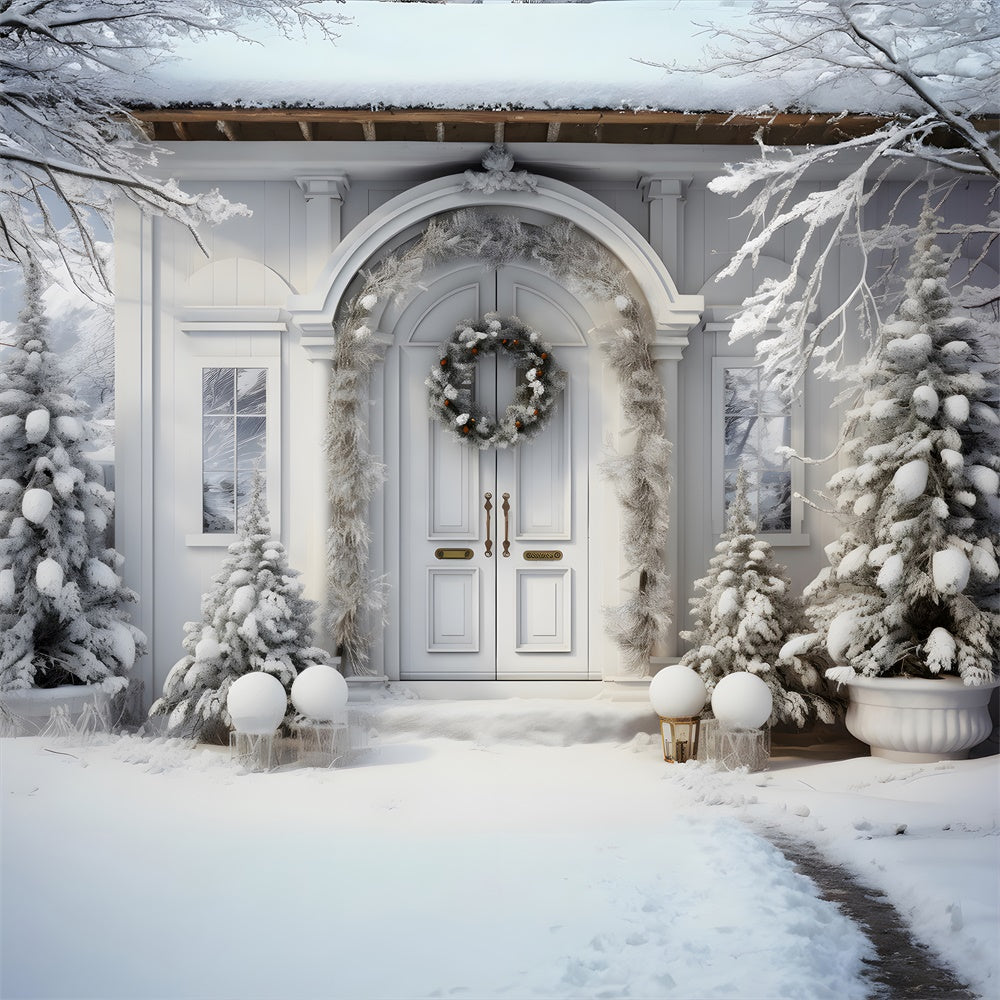 Schneebedeckte Bäume Weihnachtshaus Tür Hintergrund RR7-767
