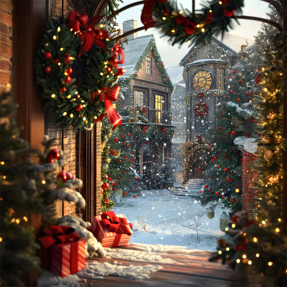 Weihnachtsbaumkranz Haus Schnee Hintergrund RR7-784