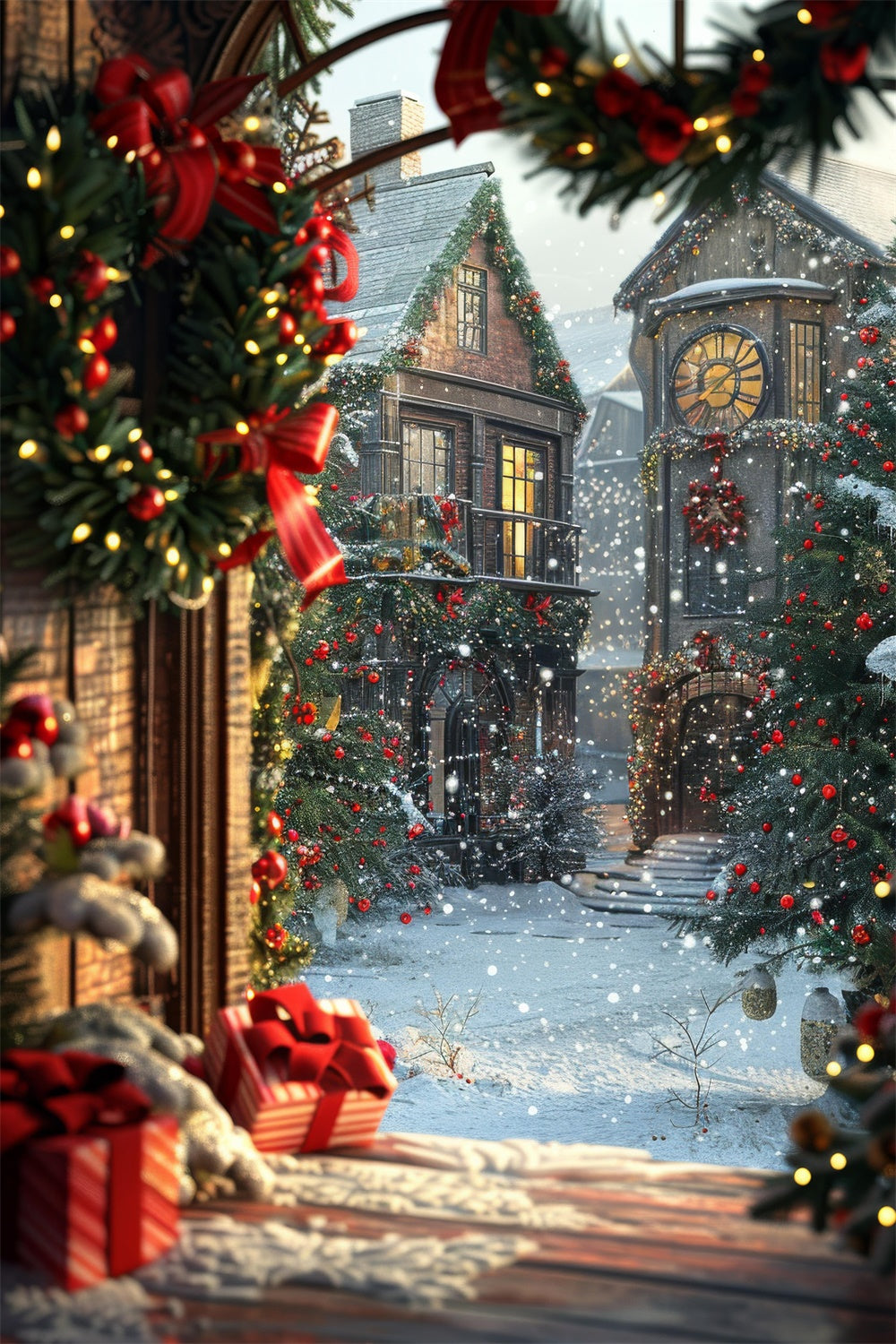 Weihnachtsbaumkranz Haus Schnee Hintergrund RR7-784
