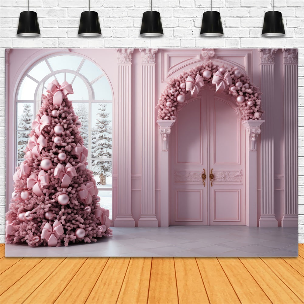 Rosa Weihnachtsbaum Girlande Tür Hintergrund RR7-823