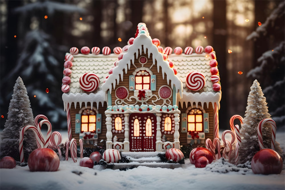 Weihnachten Schnee Wald Süßigkeiten Haus Hintergrund RR7-838