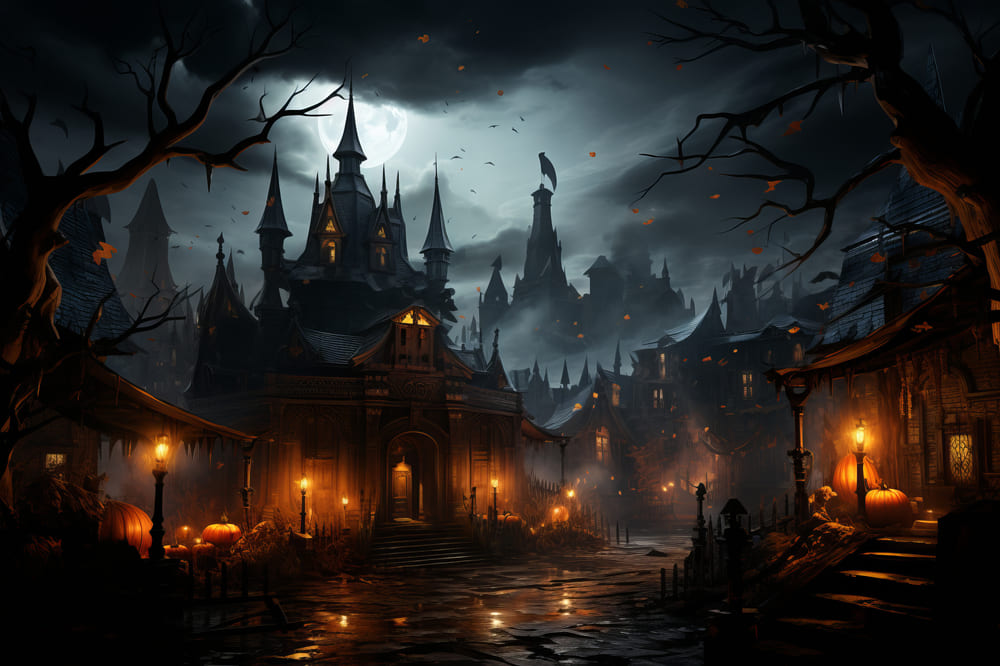 Halloween Gespenstisches Schloss Laternen Hintergrund RR7-94