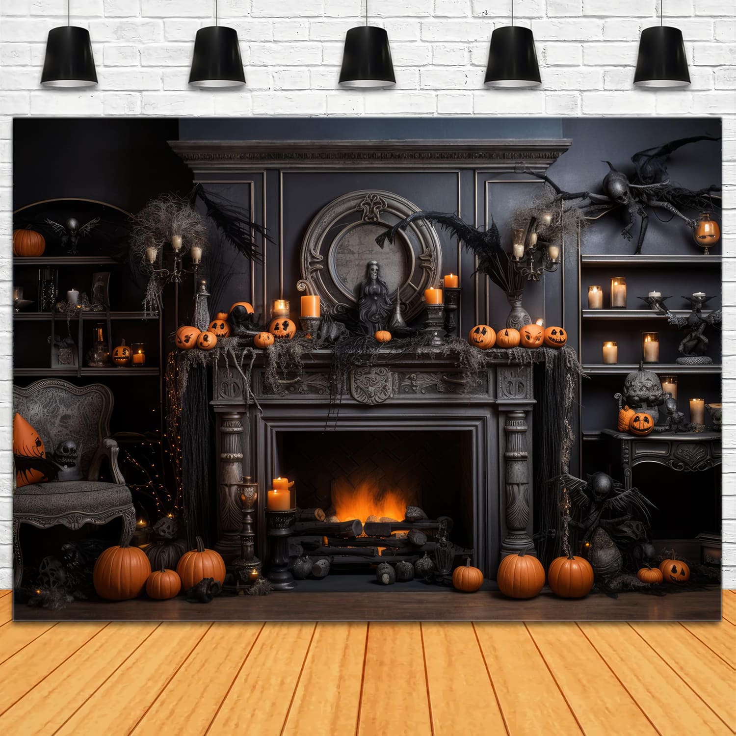 Halloween Kamin Kürbisse Kerzen Backdrop RR7-97