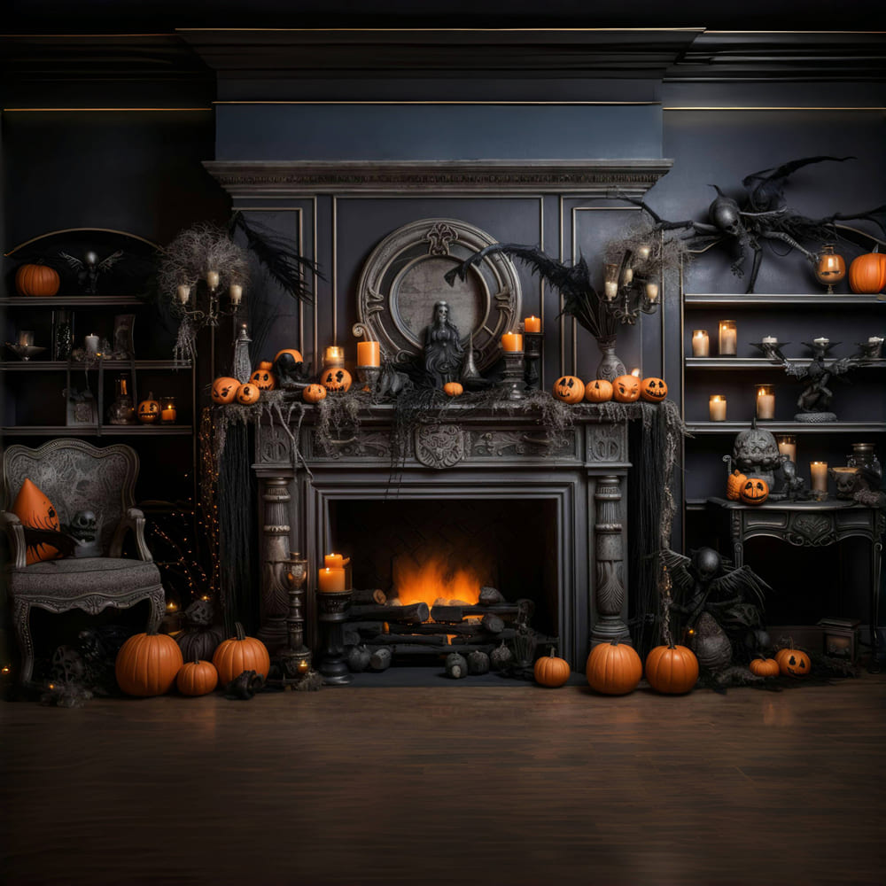 Halloween Kamin Kürbisse Kerzen Backdrop RR7-97