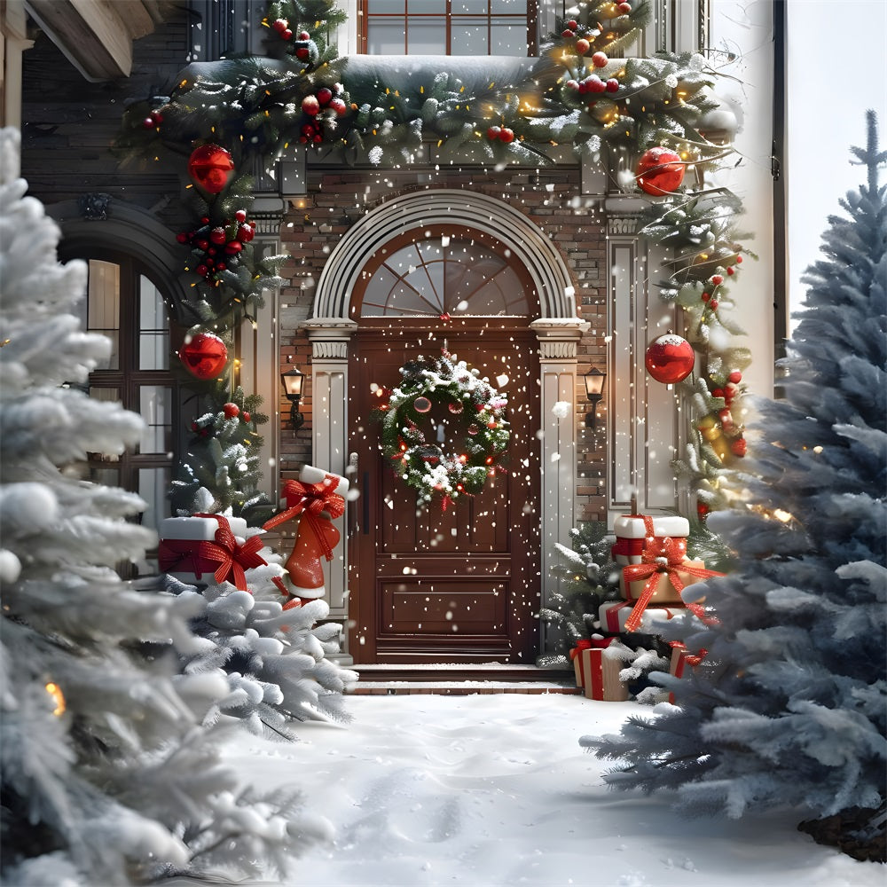 Weihnachten Festlicher Hauseingang mit Geschenken Hintergrund RR8-182