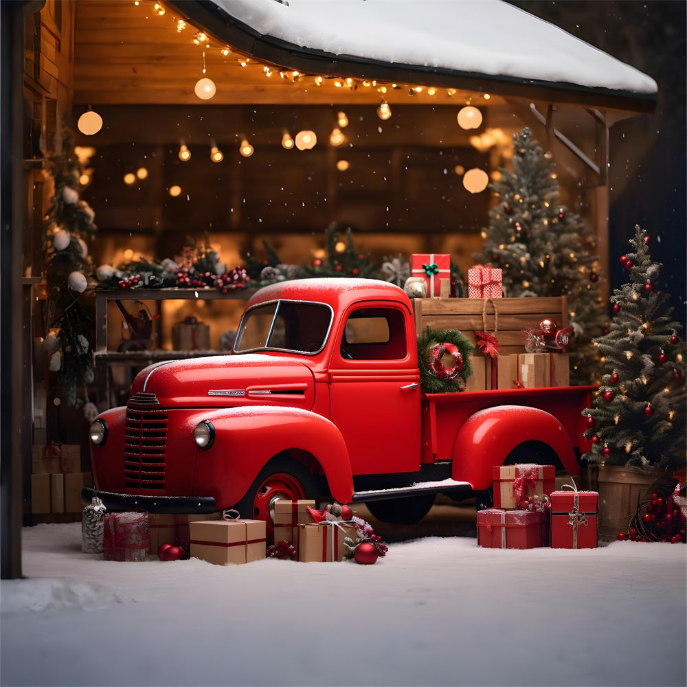 Weihnachtlicher roter Lastwagen im Winterwunderland Hintergrund RR8-249