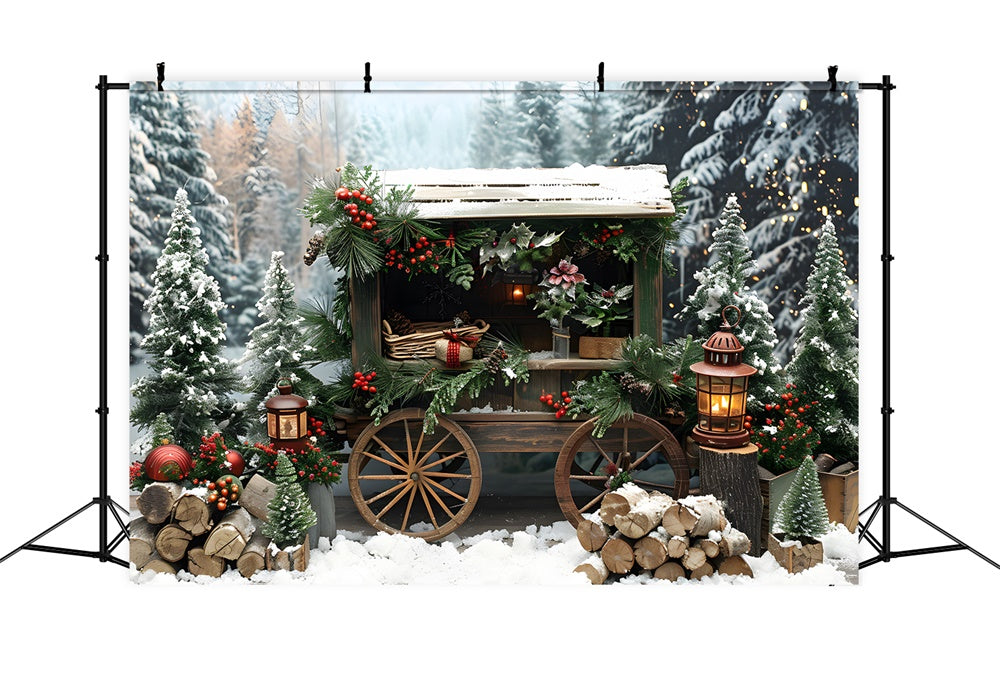 Weihnachtlich verschneite Tannenbäume Holzkarren Backdrop RR8-3