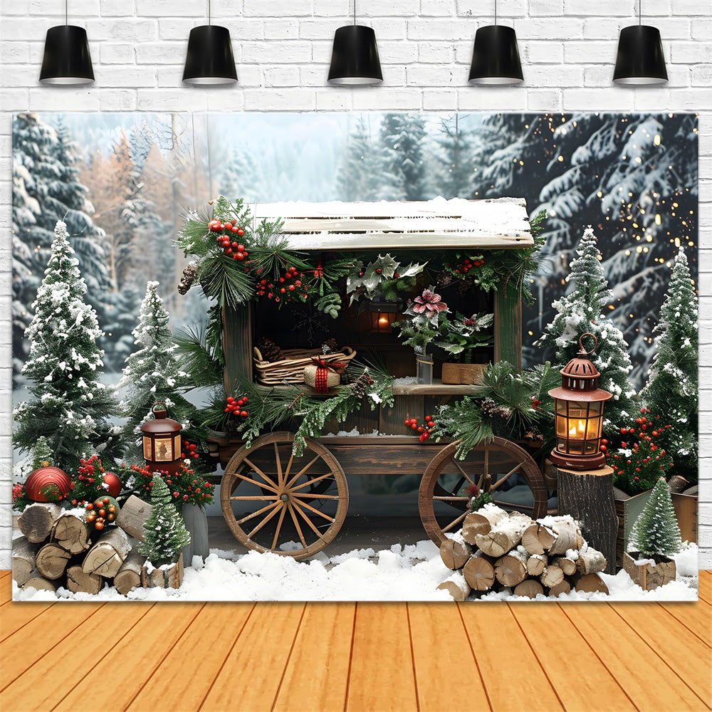 Weihnachtlich verschneite Tannenbäume Holzkarren Backdrop RR8-3