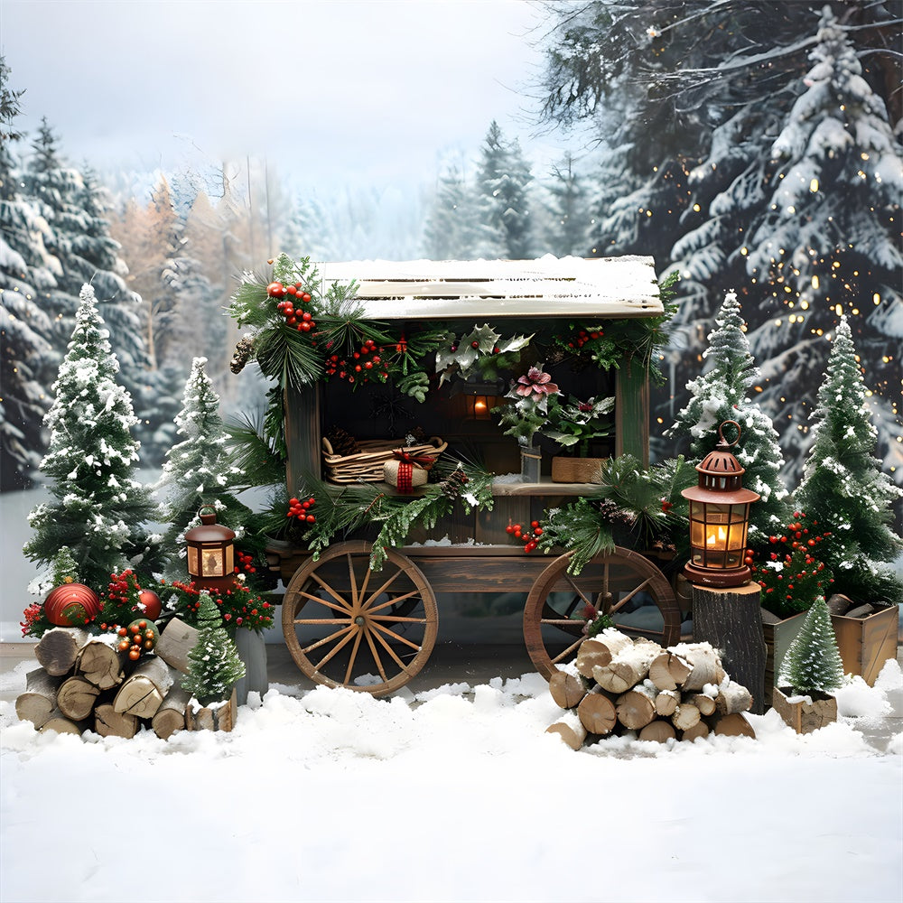 Weihnachtlich verschneite Tannenbäume Holzkarren Backdrop RR8-3
