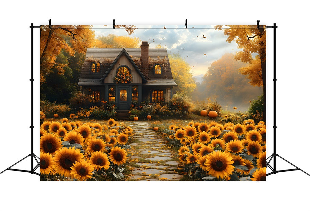 Herbst-Sonnenblumen Holzhaus Hintergrund RR8-312