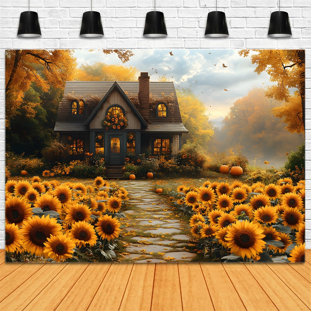 Herbst-Sonnenblumen Holzhaus Hintergrund RR8-312