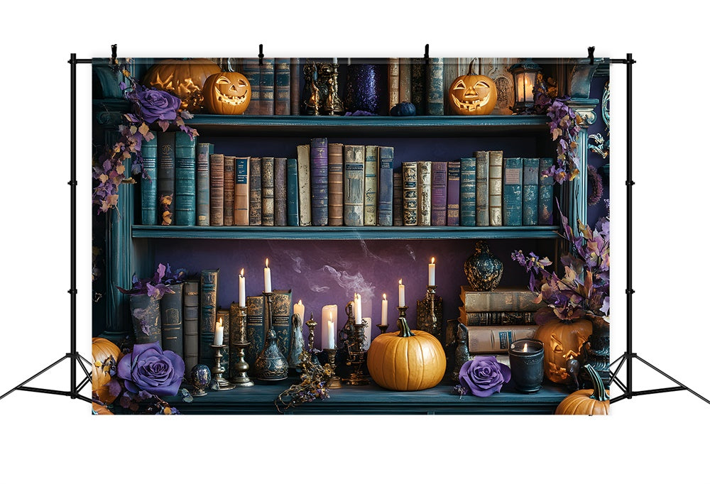 Halloween Bücherregal Kürbiskerzen Hintergrund RR8-374