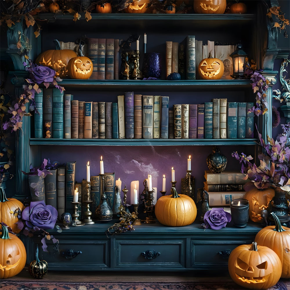 Halloween Bücherregal Kürbiskerzen Hintergrund RR8-374