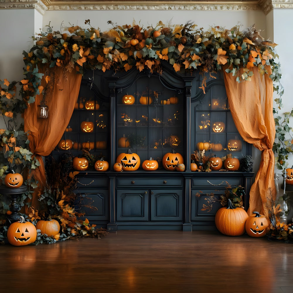 Halloween Innenraum Retro Kabinett Kürbisse Hintergrund RR8-378