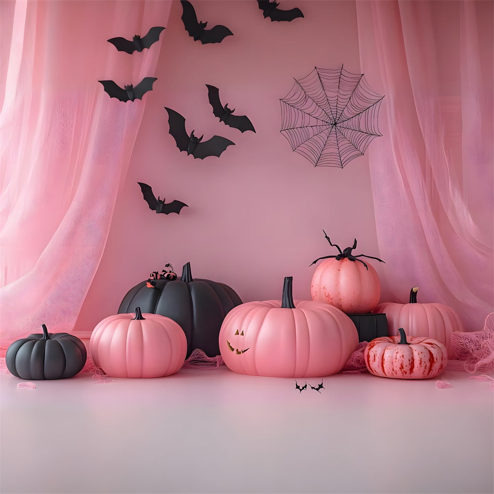 Rosa Vorhang Kürbisse Halloween Hintergrund RR8-386