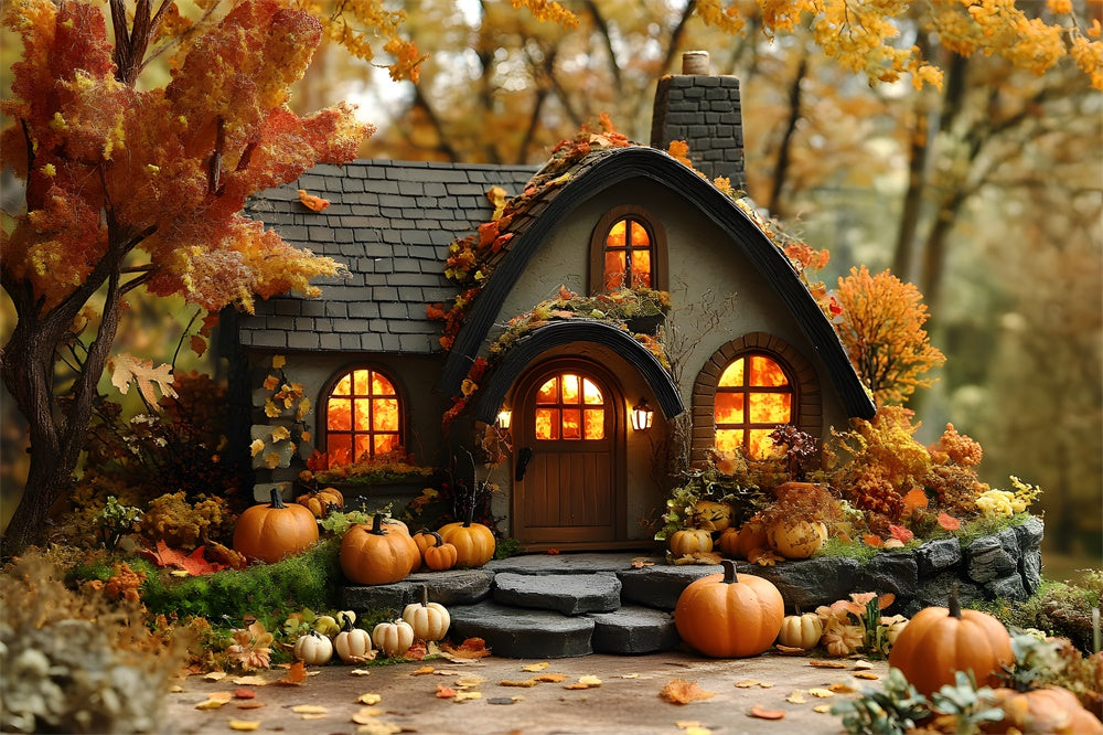 Herbst Wald Holzhaus Kürbisse Hintergrund RR9-10